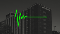 A black-and-white image of a hospital with a bright heart monitor symbol flatlining over the top of it