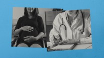 A collage of two black and white photos, one of a doctor taking notes and one of a pregnant person in a wheelchair, with a blue background.