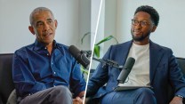 In a split-panel image from an interview, former President Barack Obama, left, speaks with journalist Garrison Hayes, right. Both men are seated with microphones in front of them.