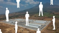 Photo illustration of various silhouettes of men overlaid on an aerial photo of El Salvador's CECOT prison.