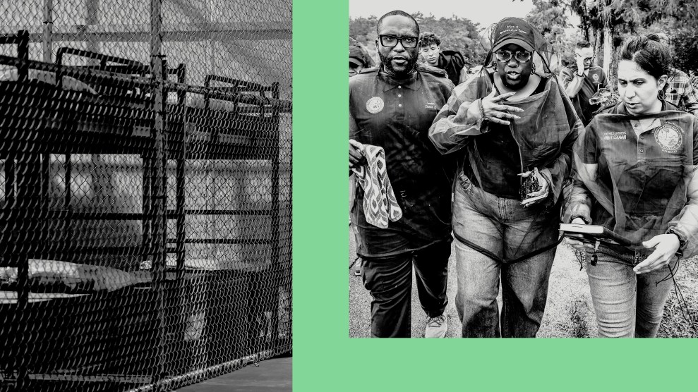 Collage featuring three state representatives wearing mosquito netting and walking alongside a detention center on the right; on the left is a view inside the detention center of bunk beds behind caged walls.