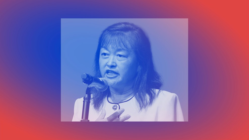 Treated portrait of Lily Tang Williams— a middle-aged Asian woman wearing professional attire and speaking into a microphone.