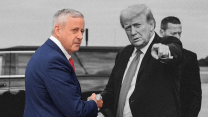 A photo of two men in suits shaking hands. Donald Trump, on the right, is pointing in the direction of the viewer. The man on the left looks into the lens of the camera. The man on the left is in color, the rest of the photo is in black and white.