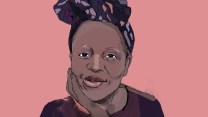 Illustrated portrait of author Kashana Cauley; she poses with her chin resting on one hand and wears a brightly patterned headscarf.