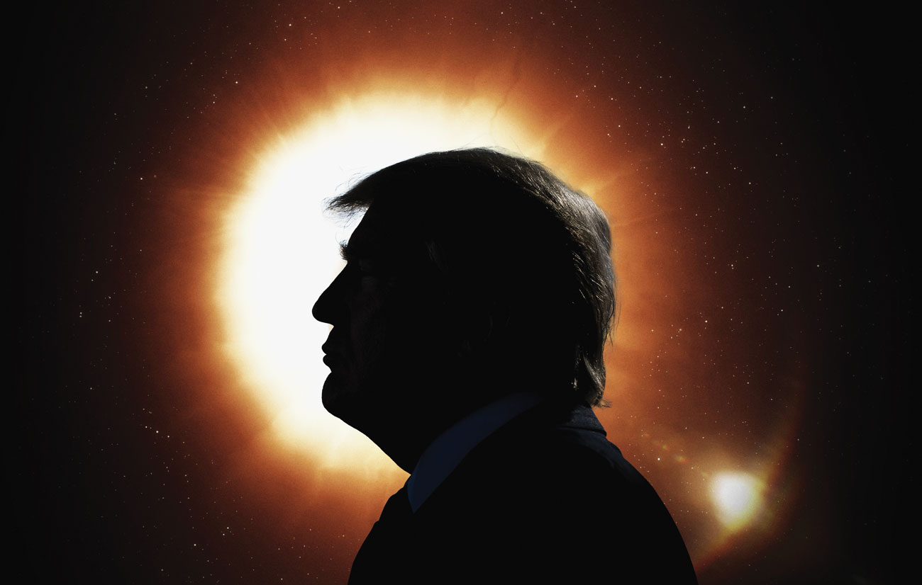A photo illustration of Donald Trump blocking out the sun like a solar eclipse