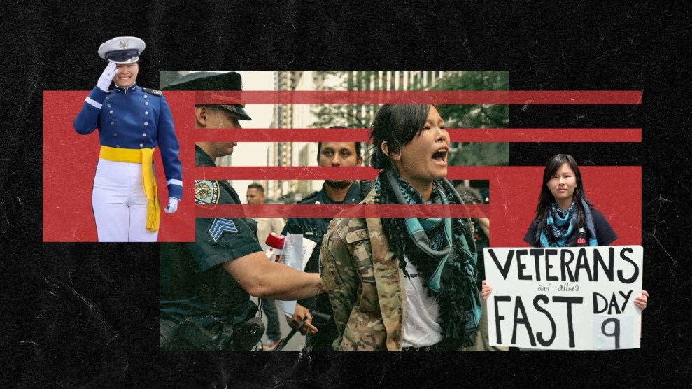 Collage of three photographs. In one, a woman in military apparel is smiling and saluting. In the second, a woman wearing an army jacket yells as police handcuff her hands behind her back. In the third, a woman looks into the camera and holds a sign that reads: "Veterans and allies fast day 9."