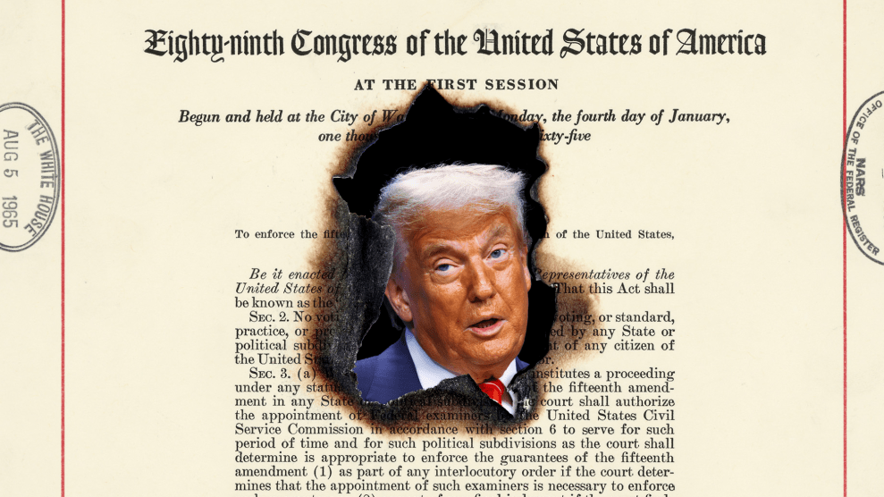 An illustration of the Voting Rights Act with a burn hole at the center through which Donald Trump is seen.