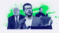 A photo collage colored in dark blue and neon green with portraits of three men. From left to right: Donald Trump, wearing a suit and a serious expression; Paulo Figueiredo, a bearded man in glasses and a suit speaking emphatically on a podium; and Guo Wengui, an Asian man in a black outfit gesturing with one hand raised while speaking on a podium.