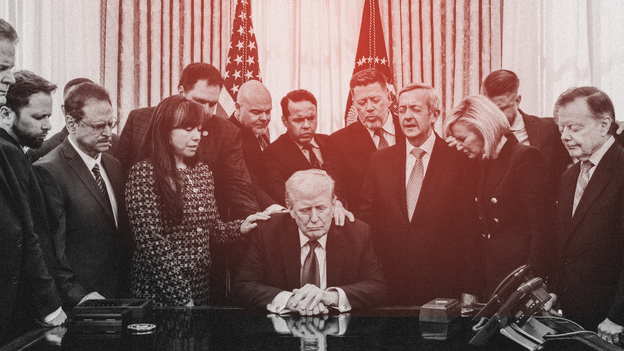 Donald Trump sitting behind his desk in the Oval Office with male and female pastors of various ages praying. Everyone's heads are bowed and eyes are closed.