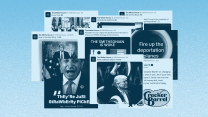 A collage of official White House tweets. One reads "The Smithsonian is Woke." Another reads, "Fire up the deportation planes." Another reads, "ThEy'Re JuSt StRaWbErRy PiCkerS" and crediting the quote to Rep. Jimmy Gomez (D-CA) over an AI image of the congressman appearing to cry.