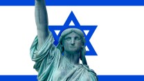 Photo collage of the Statue of Liberty in front of the Israeli flag; her crown has been replaced with the blue Star of David.