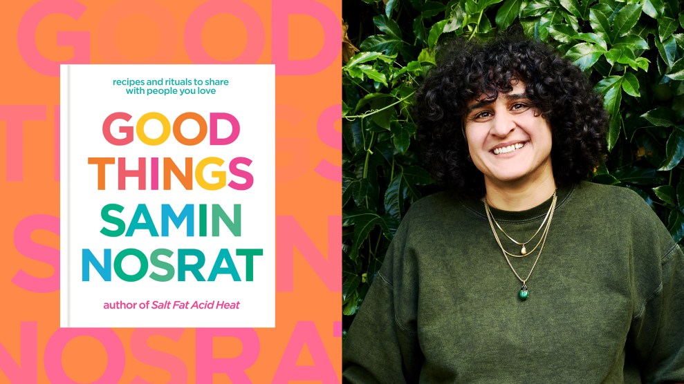Photo collage featuring the book cover for "GOOD THINGS" on the left and a portrait of the author, Samin Nosrat, smiling in front of foliage, on the right.