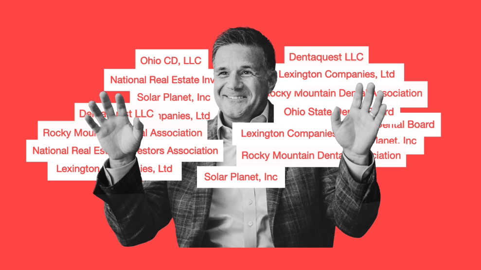A photo illustration on a red background of a middle-aged Caucasian man wearing a plaid sport coat and open-collar shirt. He's smiling and holding both hands up, palms outward. All around him are white blocks with the names of companies he's lobbied for.