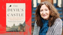Photo collage featuring the book cover for "THE DEVIL'S CASTLE" on the left and a portrait of the author, Suzanne Paola, an older woman with long brown hair, on the right.