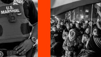 Split image showing a close-up of a U.S. Marshal’s vest and badge on the left, and a black-and-white photo of a bundled crowd at night, some with hands over hearts, on the right.