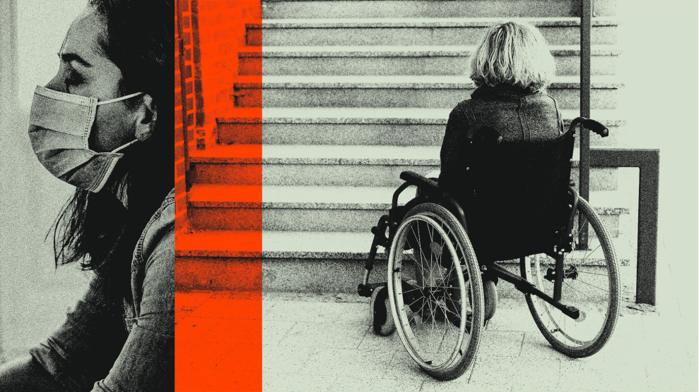 Split image showing a woman in a face mask on the left and a person in a wheelchair facing a staircase on the right