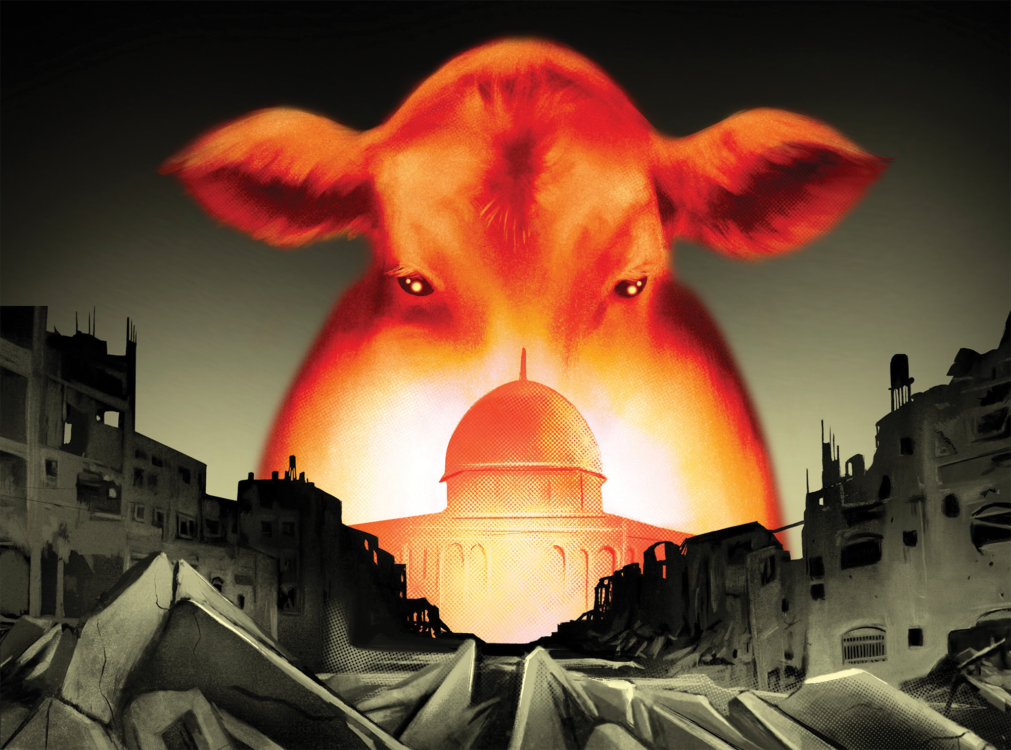 An illustration in which a large red cow looms over the Al-Aqsa Mosque compound on the Temple Mount in the Old City of Jerusalem. Laid out in front of the shrine is a scene of destruction, with buildings reduced to rubble.
