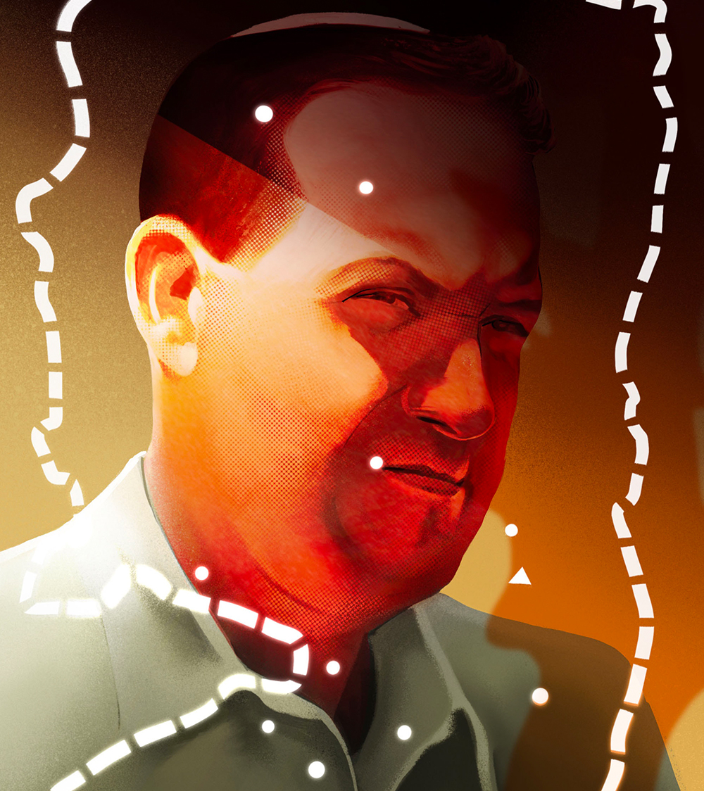 Illustrated portrait of Israeli activist Yossi Dagan. Overlaid around his face is a map of the West Bank.