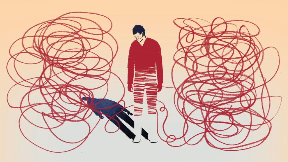 An illustration of a man unraveling from the bottom up. He looks downward at the long, looping thread and his shadow, which reveals that he's nevertheless whole as a human.