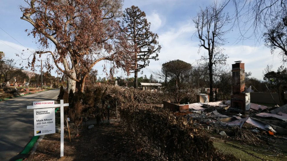 A destroyed lot with a for-sale sign in front of it.