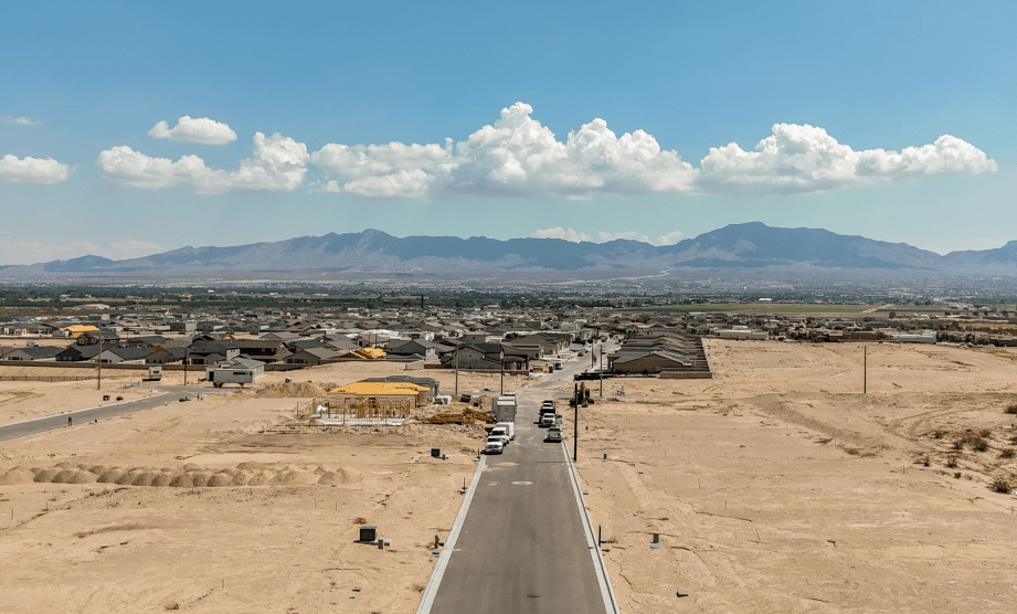 An aerial shot of a construction site in desert land.