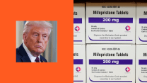 A photo pairing of Donald Trump on the left appearing to be looking in the direction of several white and purple boxes of Mifepristone tablets.