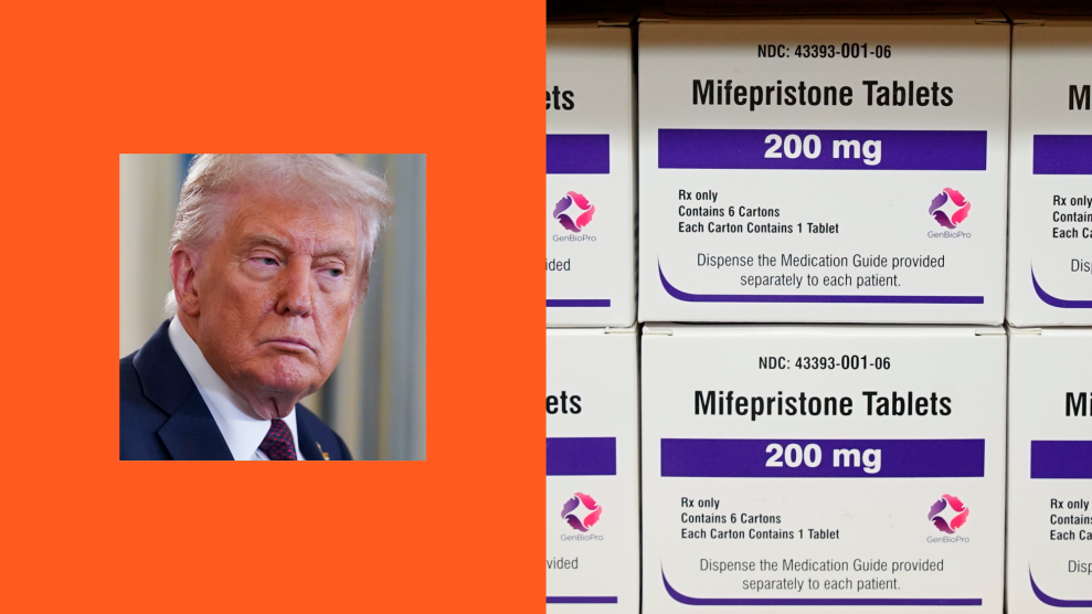A photo pairing of Donald Trump on the left appearing to be looking in the direction of several white and purple boxes of Mifepristone tablets.
