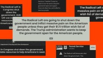 Collaged screenshots from federal websites with notification alerts that blame the "Radical Left in Congress" for the government shutdown.