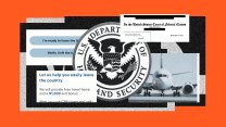 A collage-style image with an orange background featuring visual elements related to U.S. immigration and deportation. It includes the U.S. Department of Homeland Security seal, a photo of an airplane on a runway, a redacted federal court document titled “In the United States Court of Federal Claims,” and screenshots of website text with phrases like “Let us help you easily leave the country” and “I’m ready to leave the U.S.”