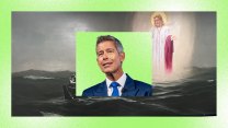 Collage of a man in a blue suit over a painting of Jesus on the sea, on a neon green background.