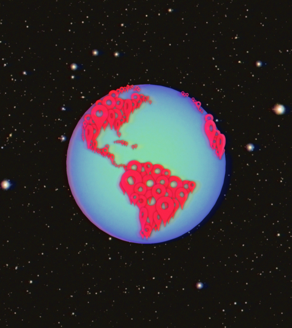 Illustration of Earth in space with red map pin icons forming the shapes of the continents on a blue and green globe.