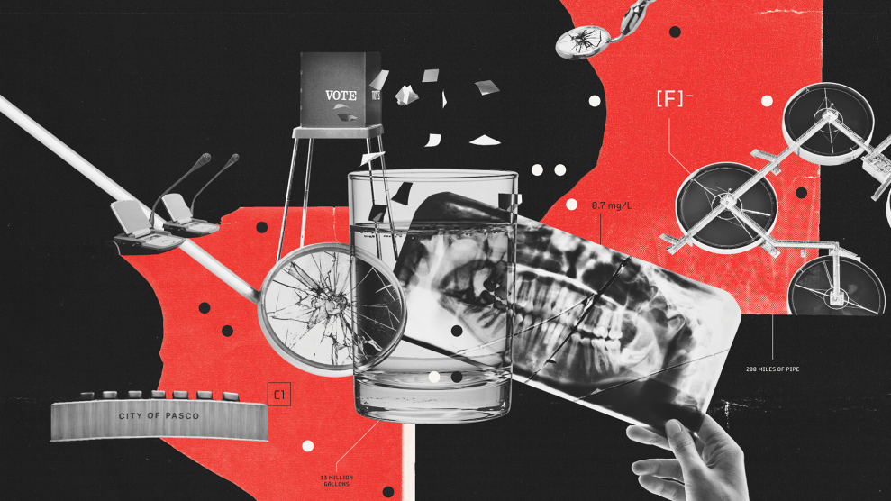 A black, white, and red illustration that includes an x-ray of teeth, a cup of water, mechanical parts, and a voting booth.