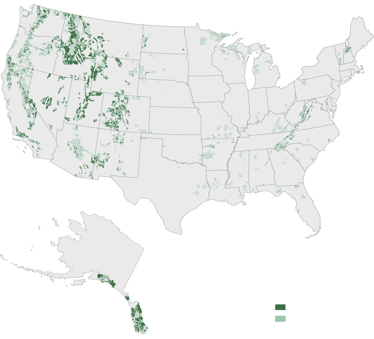 A map of the United States with green representing the 58 million acres at risk.