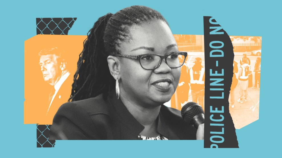 Photo collage featuring Jamila Hodge, an African American woman speaking into a microphone, surrounded by clippings of EJUSA workers, police caution tape, a chainlink fence and a frowning Donald Trump