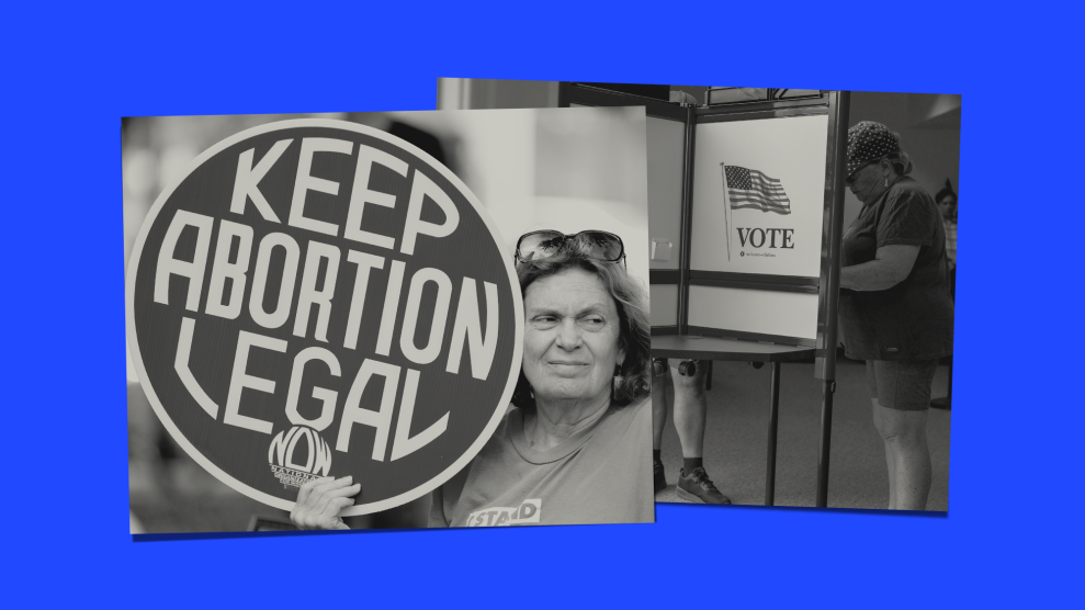 Two black-and-white photos against a blue background. The photo on the left shows a middle-aged woman in a t-shirt holding a "Keep Abortion Legal" sign by the National Organization for Women. Layered beneath the photo on the left is a photo of a woman wearing a cap, t-shirt and shorts voting at a polling booth.