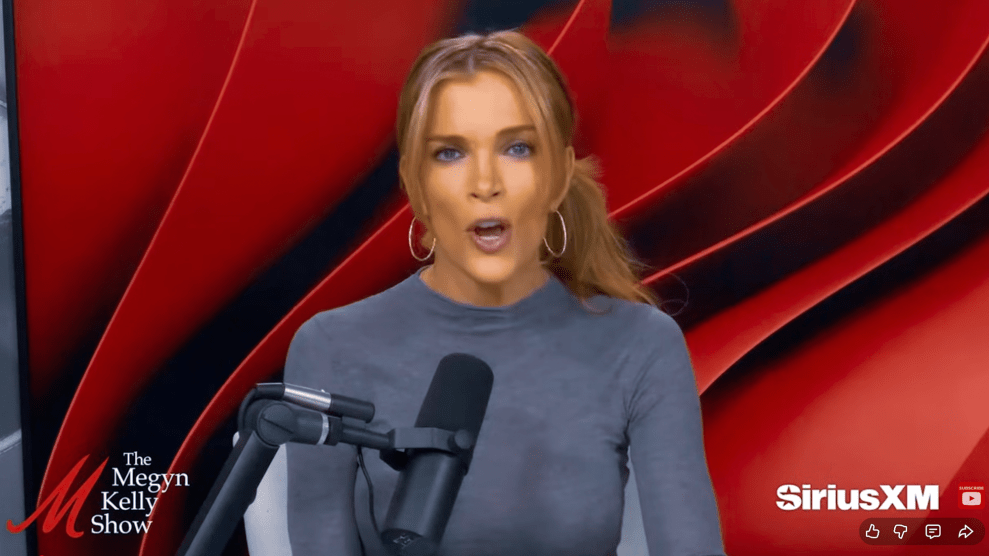 A screenshot of a Caucasian woman with hoop earings and a gray, longsleeve shirt against a red background with a wavy pattern. She's seated behind a microphone.