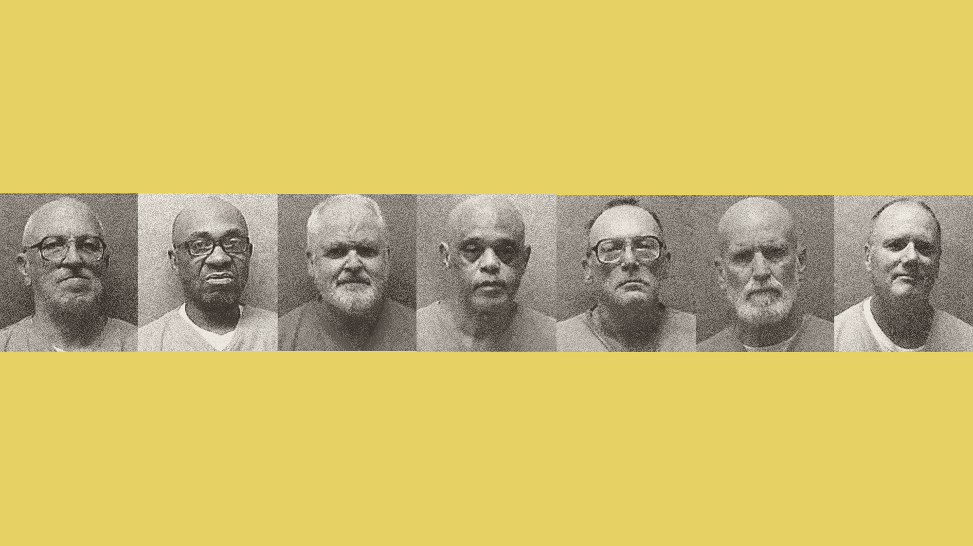Seven portraits of middle-aged elderly men, some who are Caucasian, some African American, in their prisoner uniform.