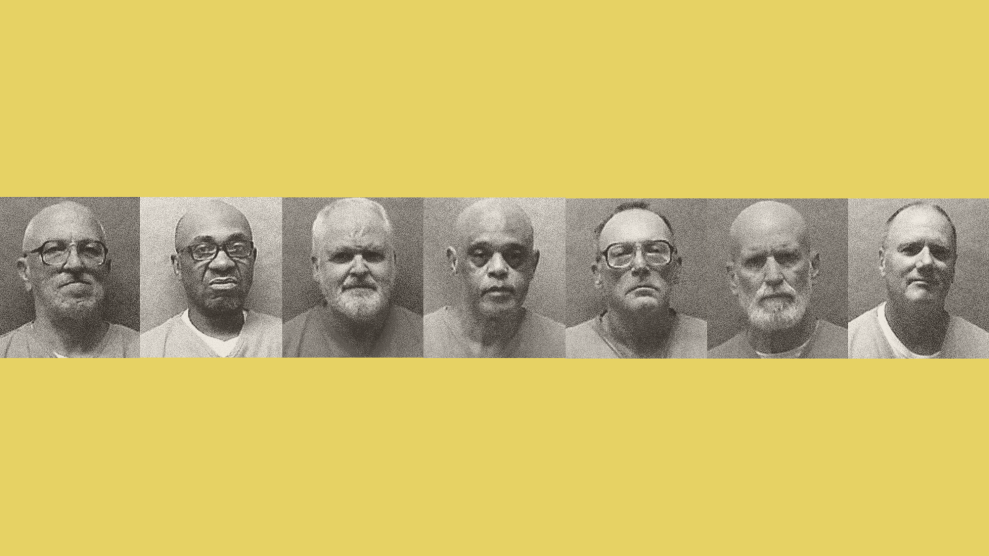 Seven portraits of middle-aged elderly men, some who are Caucasian, some African American, in their prisoner uniform.