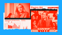 A collage that features photos of two middle-aged Caucasian women with long hair in business suits speaking at a lectern before an audience. Behind their photos are scraps of an electric bill.