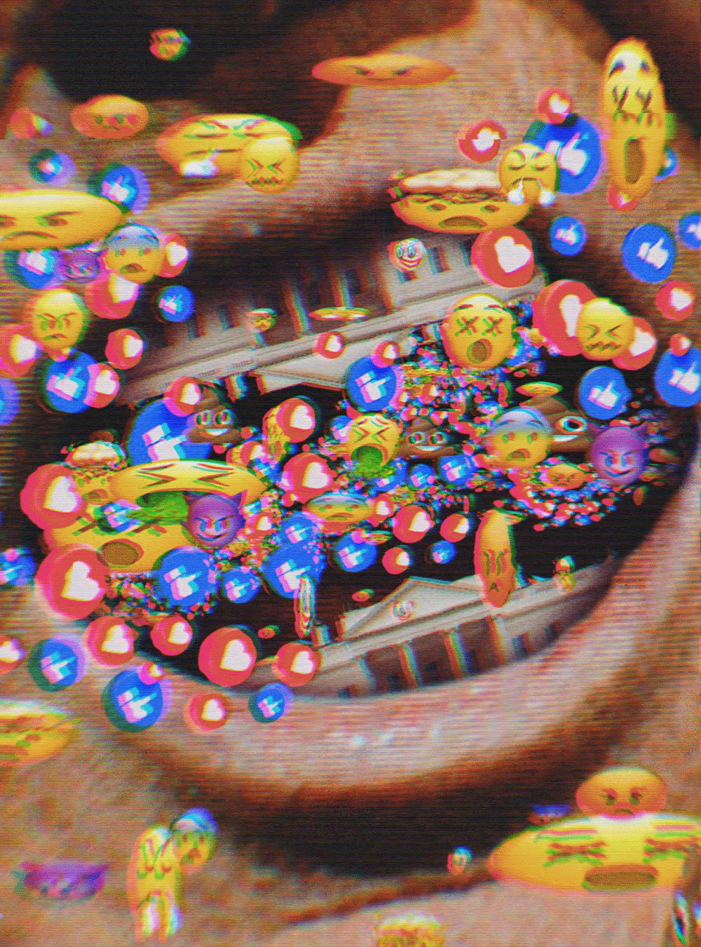 An illustration that views the open mouth of Donald Trump up close. Spewing from his mouth is a blurry stream of hundreds of emojis of all kinds: Thumbs up, heart, vomiting, poop, clown, and mischievous devil, for example.