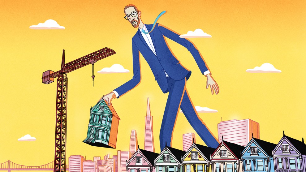 A humorous cartoon illustration of a tall, middle-aged bearded man in a suit and glasses towering over San Francisco. The man is holding a house in his right hand, which he appears to be about to place among the iconic row of houses known as the "painted ladies." Also in front of him are a crane, a backhoe and three protestors who support his efforts, as one holds a YIMBY sign.