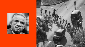 A split-screen composite showing a black-and-white portrait of Robert F. Kennedy Jr. alongside a black-and-white aerial photo of students walking with their arms raised during a police response at a school.
