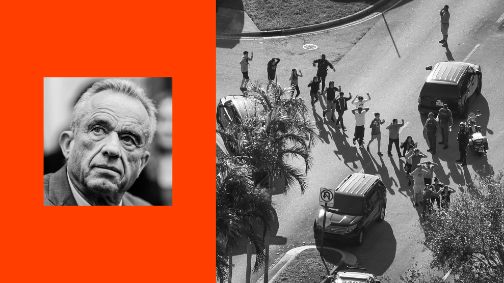A split-screen composite showing a black-and-white portrait of Robert F. Kennedy Jr. alongside a black-and-white aerial photo of students walking with their arms raised during a police response at a school.