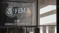 The FEMA logo on a glass window
