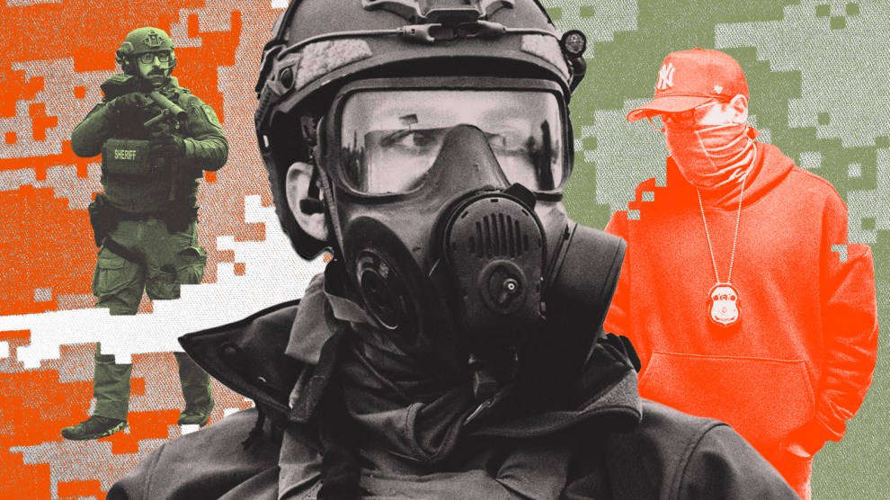 Photo collage featuring three Immigration and Customs Enforcement officers in various forms of gear, ranging from one in plain clothes with a sweatshirt and cap, bullet-proof vest, helmet, firearm, and gas mask. Behind the men is a digital camouflage pattern that intersects and overlays on two of the men.