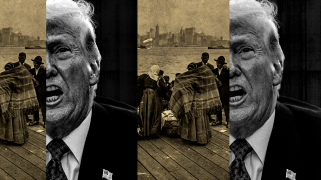 A collage of four panels, two of which show a black-and-white close-up photo of an animated Donald Trump. The two other panels are of a tintype-era photo from 1912 of immigrants standing on a dock waiting to be transferred to Ellis Island