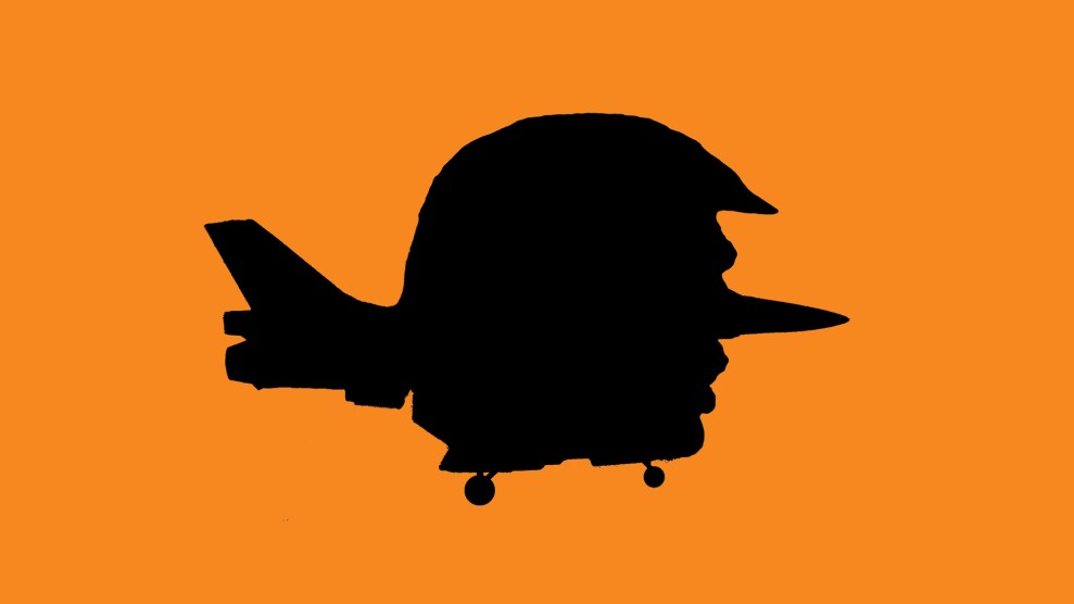 A black silhouette-style illustration on an orange background of Donald Trump's profile overlaid with the outline a warplane, with the front of the plane giving Trump's nose a Pinocchio-like appearance.