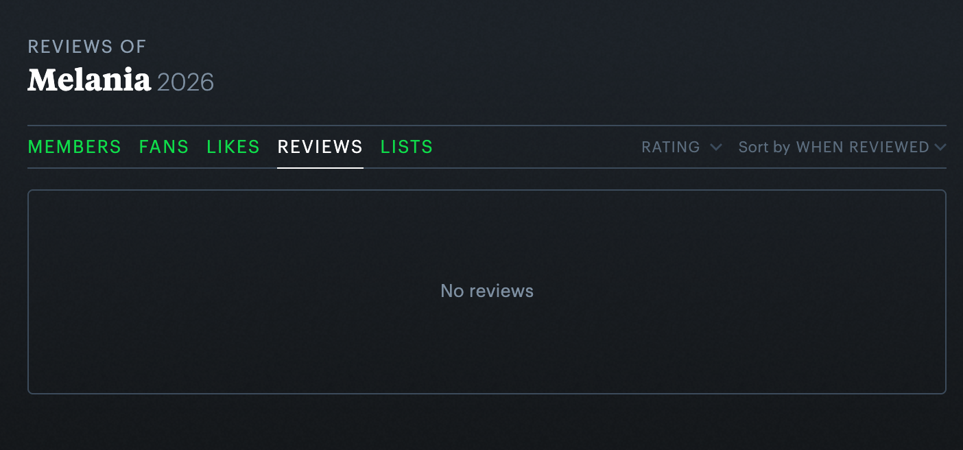 Screenshot of a Letterboxd film page for "Melania 2026" displaying the Reviews tab. The dark interface shows navigation tabs for Members, Fans, Likes, Reviews, and Lists, with sorting options for Rating and When Reviewed. The main content area shows "No reviews" in gray text, indicating the film has not yet received any user reviews.