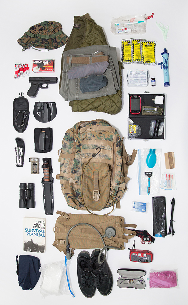 Max's bag includes clean clothes, a gun and ammunition, first aid and personal hygiene supplies, a spare set of prescription glasses, a transistor radio, tools, and a survival manual.
