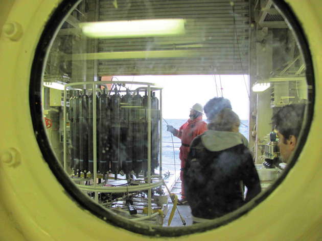  A view into the heated (sweet!) CTD bay as the package is brought in from the ocean Julia Whitty